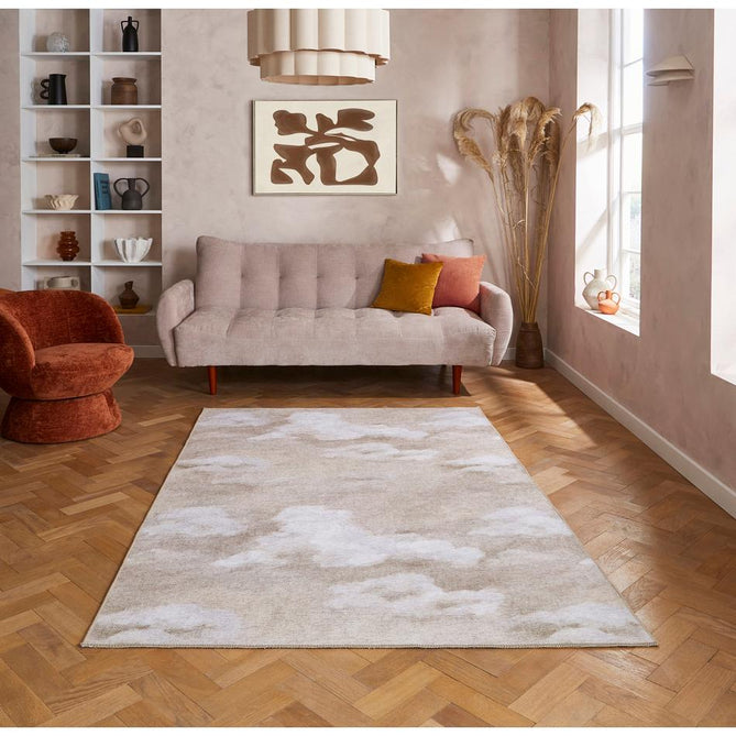 Washable Harlequin Air Golden Light Modern Floral Botanical Textured Lightweight Printed Recycled Polyester Flatweave Golden Beige/Ivory Rug