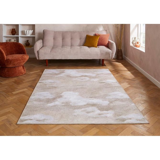 Washable Harlequin Air Golden Light Modern Floral Botanical Textured Lightweight Printed Recycled Polyester Flatweave Golden Beige/Ivory Rug