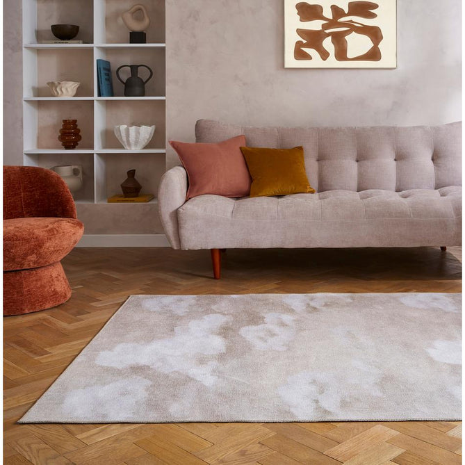 Washable Harlequin Air Golden Light Modern Floral Botanical Textured Lightweight Printed Recycled Polyester Flatweave Golden Beige/Ivory Rug