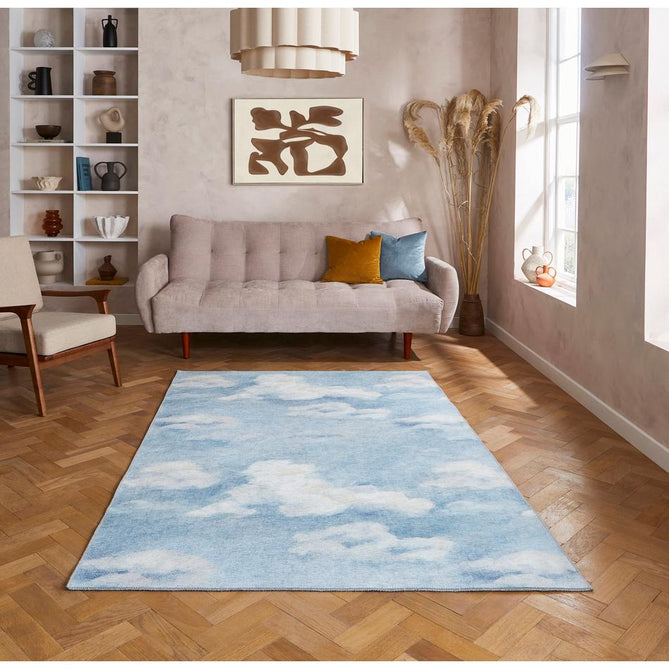 Washable Harlequin Air Sky Blue Modern Floral Botanical Textured Lightweight Printed Recycled Polyester Flatweave Sky Blue/Soft White Rug