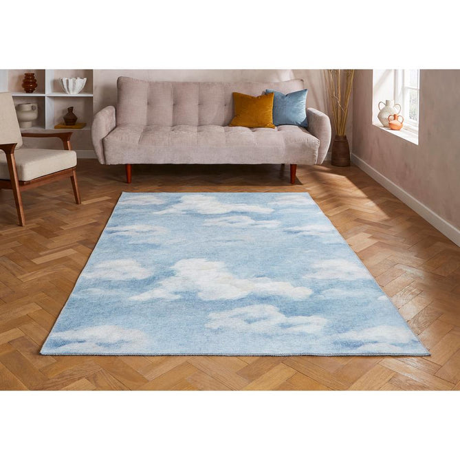 Washable Harlequin Air Sky Blue Modern Floral Botanical Textured Lightweight Printed Recycled Polyester Flatweave Sky Blue/Soft White Rug