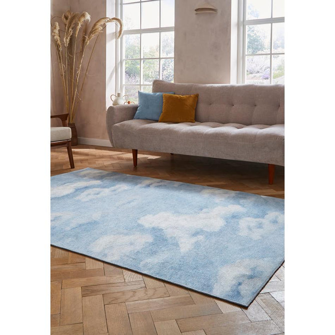 Washable Harlequin Air Sky Blue Modern Floral Botanical Textured Lightweight Printed Recycled Polyester Flatweave Sky Blue/Soft White Rug