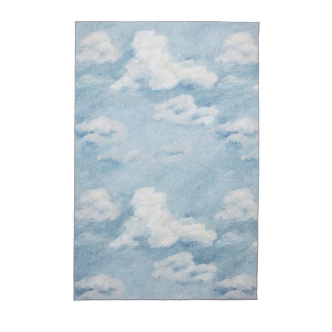 Washable Harlequin Air Sky Blue Modern Floral Botanical Textured Lightweight Printed Recycled Polyester Flatweave Sky Blue/Soft White Rug