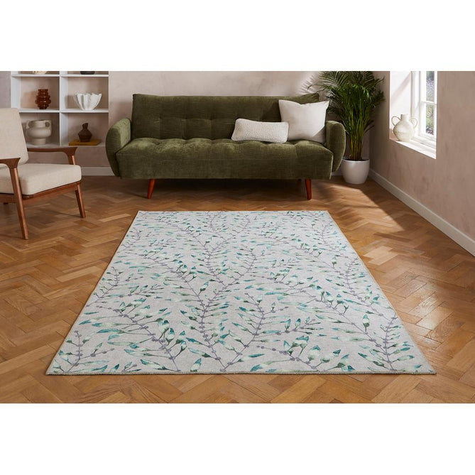 Washable Harlequin Chaconia Putty Forest Modern Floral Botanical Textured Lightweight Printed Recycled Polyester Flatweave Putty Beige/Sage/Emerald/Teal Blue Runner