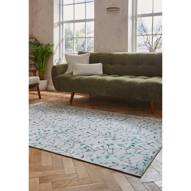 Washable Harlequin Chaconia Putty Forest Modern Floral Botanical Textured Lightweight Printed Recycled Polyester Flatweave Putty Beige/Sage/Emerald/Teal Blue Rug