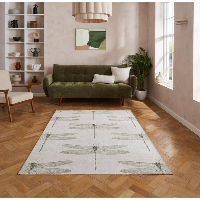 Washable Harlequin Demoiselle Fern Modern Floral Botanical Textured Lightweight Printed Recycled Polyester Flatweave Stone Beige/Fern Green/Olive Runner