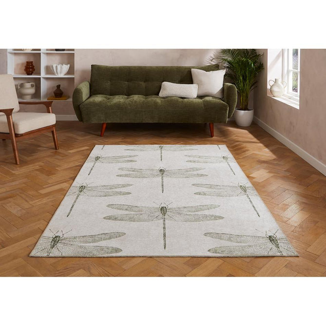 Washable Harlequin Demoiselle Fern Modern Floral Botanical Textured Lightweight Printed Recycled Polyester Flatweave Stone Beige/Fern Green/Olive Runner