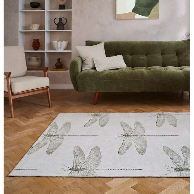 Washable Harlequin Demoiselle Fern Modern Floral Botanical Textured Lightweight Printed Recycled Polyester Flatweave Stone Beige/Fern Green/Olive Runner