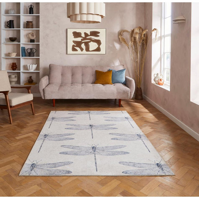 Washable Harlequin Demoiselle Indigo Modern Floral Botanical Textured Lightweight Printed Recycled Polyester Flatweave Stone Grey/Indigo Blue Rug