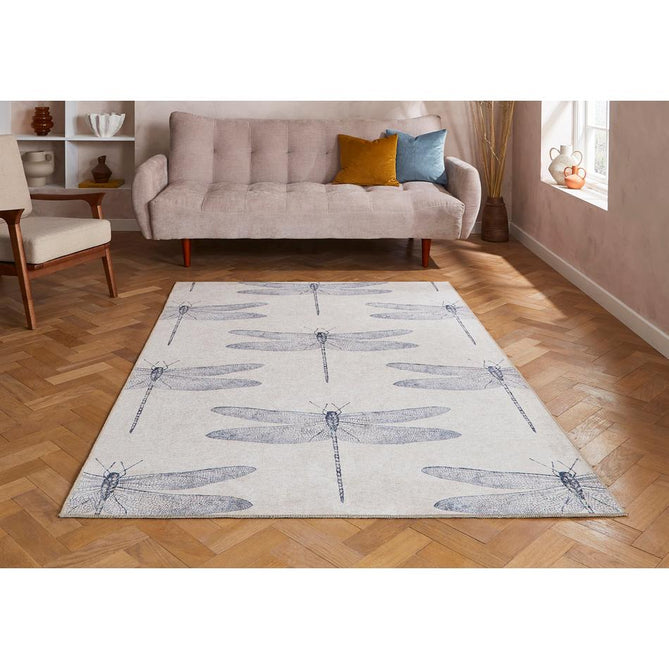 Washable Harlequin Demoiselle Indigo Modern Floral Botanical Textured Lightweight Printed Recycled Polyester Flatweave Stone Grey/Indigo Blue Rug