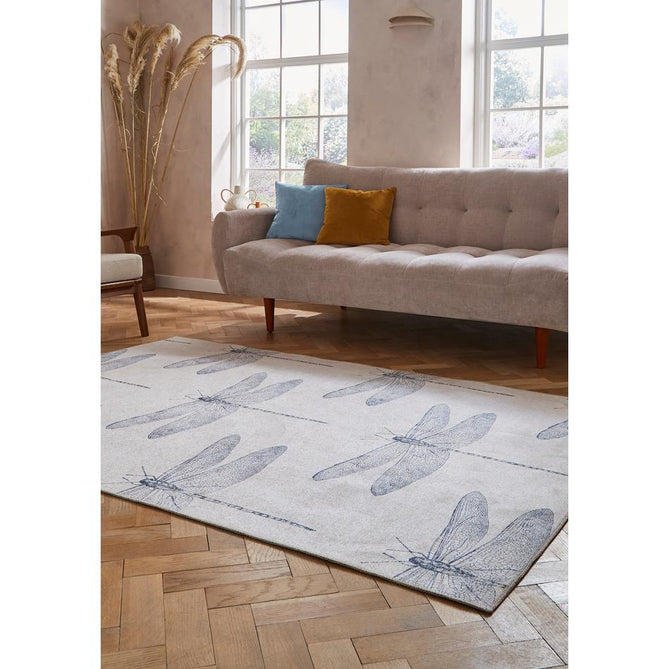 Washable Harlequin Demoiselle Indigo Modern Floral Botanical Textured Lightweight Printed Recycled Polyester Flatweave Stone Grey/Indigo Blue Runner