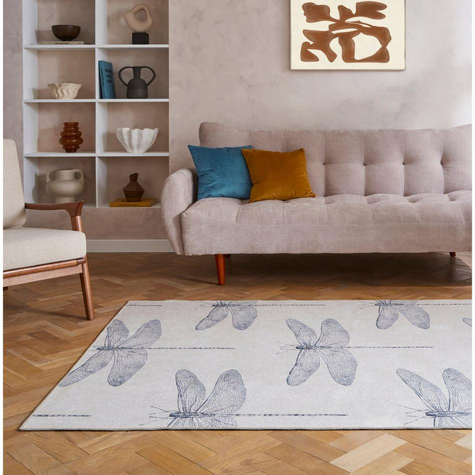 Washable Harlequin Demoiselle Indigo Modern Floral Botanical Textured Lightweight Printed Recycled Polyester Flatweave Stone Grey/Indigo Blue Rug