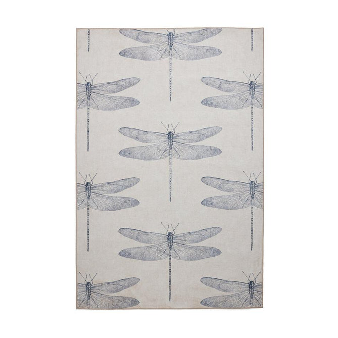 Washable Harlequin Demoiselle Indigo Modern Floral Botanical Textured Lightweight Printed Recycled Polyester Flatweave Stone Grey/Indigo Blue Rug