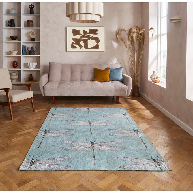 Washable Harlequin Demoiselle Mineral Modern Floral Botanical Textured Lightweight Printed Recycled Polyester Flatweave Mineral Teal/Soft Aqua Blue/Charcoal Black Rug