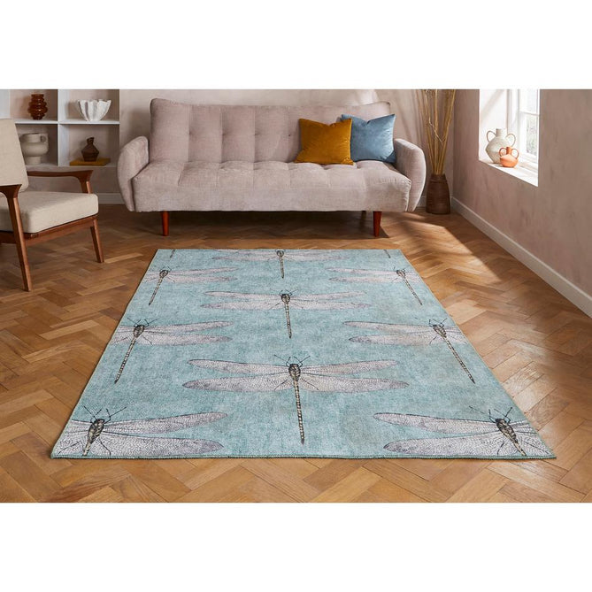 Washable Harlequin Demoiselle Mineral Modern Floral Botanical Textured Lightweight Printed Recycled Polyester Flatweave Mineral Teal/Soft Aqua Blue/Charcoal Black Runner