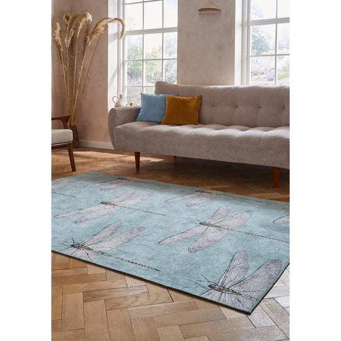 Washable Harlequin Demoiselle Mineral Modern Floral Botanical Textured Lightweight Printed Recycled Polyester Flatweave Mineral Teal/Soft Aqua Blue/Charcoal Black Runner