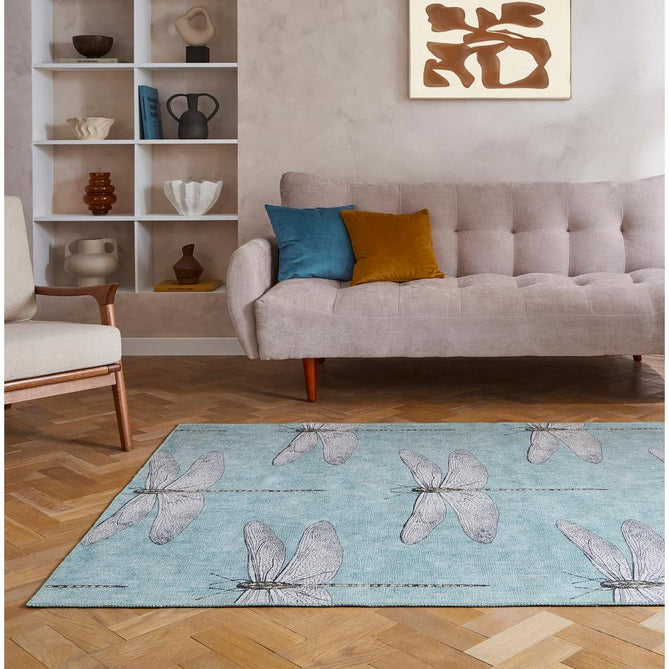 Washable Harlequin Demoiselle Mineral Modern Floral Botanical Textured Lightweight Printed Recycled Polyester Flatweave Mineral Teal/Soft Aqua Blue/Charcoal Black Runner