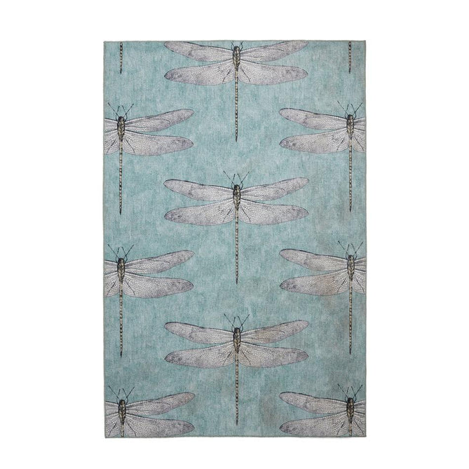 Washable Harlequin Demoiselle Mineral Modern Floral Botanical Textured Lightweight Printed Recycled Polyester Flatweave Mineral Teal/Soft Aqua Blue/Charcoal Black Rug