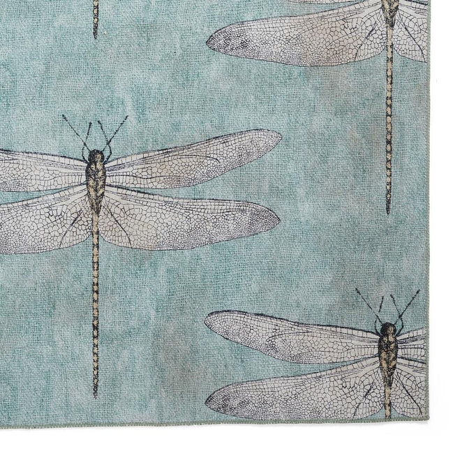 Washable Harlequin Demoiselle Mineral Modern Floral Botanical Textured Lightweight Printed Recycled Polyester Flatweave Mineral Teal/Soft Aqua Blue/Charcoal Black Rug