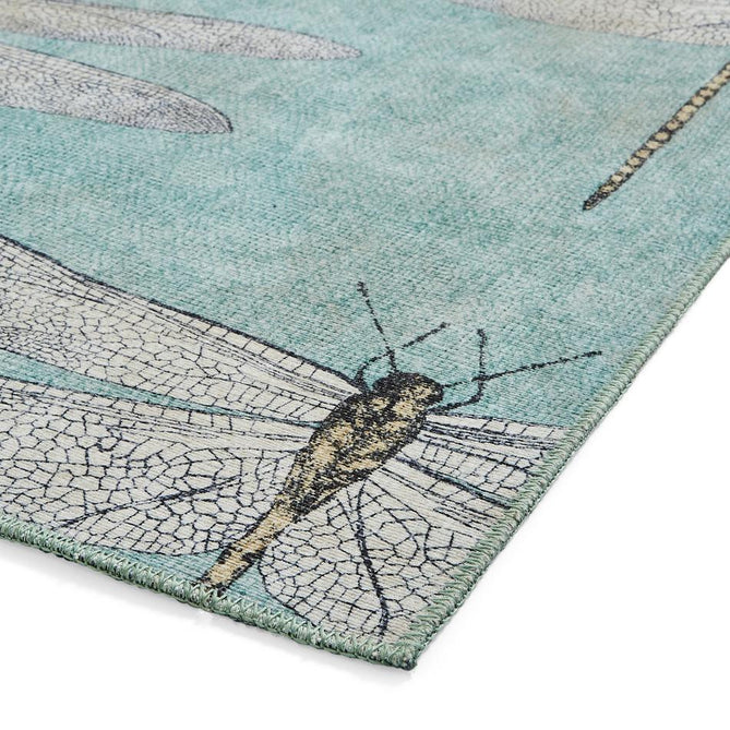 Washable Harlequin Demoiselle Mineral Modern Floral Botanical Textured Lightweight Printed Recycled Polyester Flatweave Mineral Teal/Soft Aqua Blue/Charcoal Black Rug