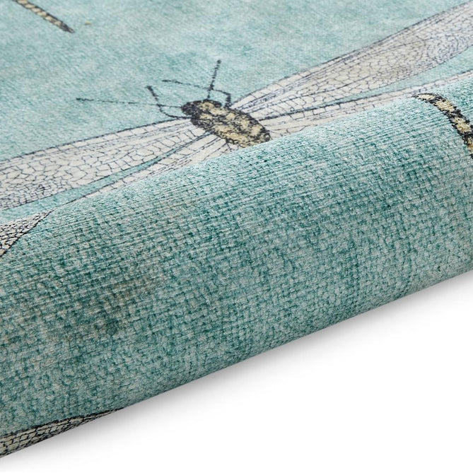 Washable Harlequin Demoiselle Mineral Modern Floral Botanical Textured Lightweight Printed Recycled Polyester Flatweave Mineral Teal/Soft Aqua Blue/Charcoal Black Runner