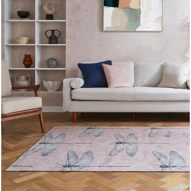 Washable Harlequin Demoiselle Taupe Modern Floral Botanical Textured Lightweight Printed Recycled Polyester Flatweave Warm Taupe/Blush Pink/Charcoal Grey Rug