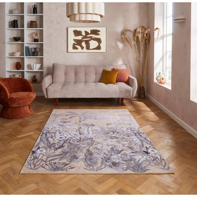 Washable Harlequin Floreana Black Earth Modern Floral Botanical Textured Lightweight Printed Recycled Polyester Flatweave Black Earth/Soft Ivory/Warm Sandstone Rug