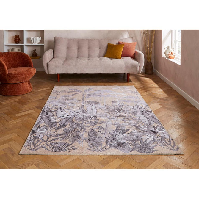 Washable Harlequin Floreana Black Earth Modern Floral Botanical Textured Lightweight Printed Recycled Polyester Flatweave Black Earth/Soft Ivory/Warm Sandstone Rug