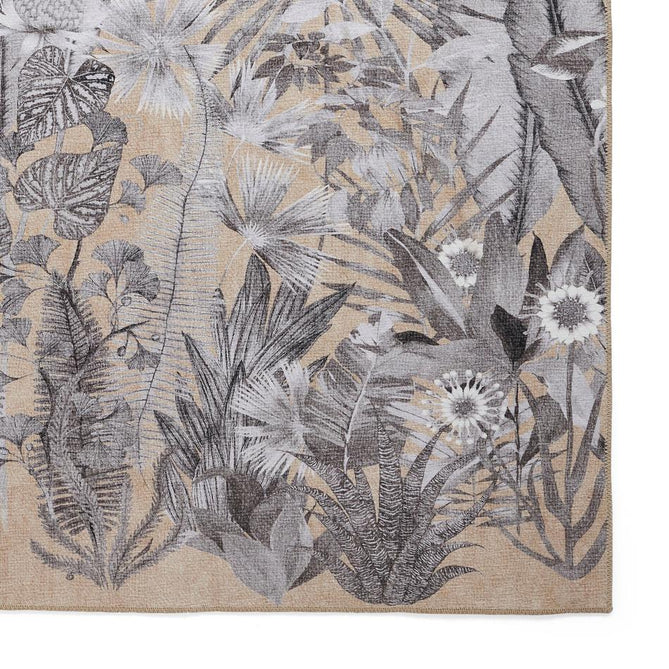 Washable Harlequin Floreana Black Earth Modern Floral Botanical Textured Lightweight Printed Recycled Polyester Flatweave Black Earth/Soft Ivory/Warm Sandstone Rug