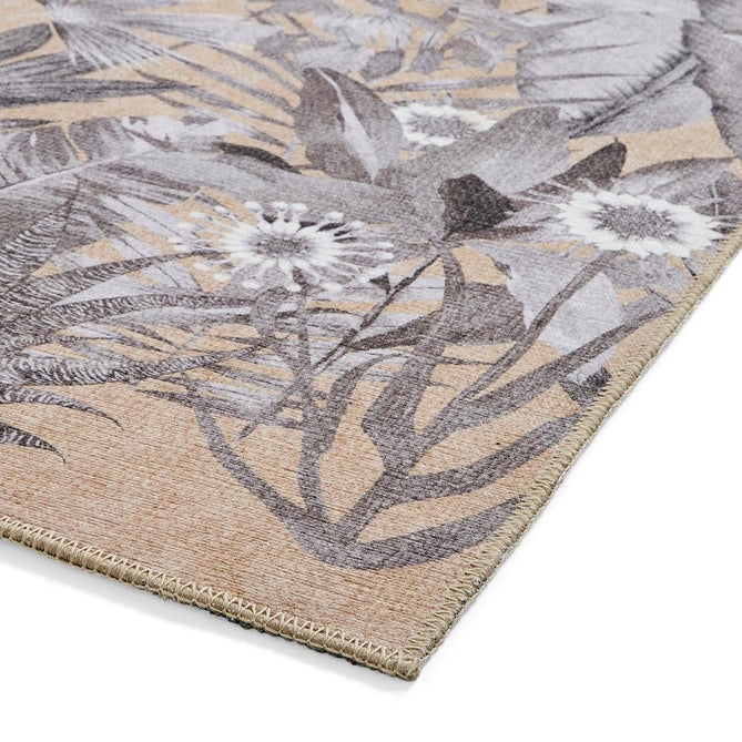 Washable Harlequin Floreana Black Earth Modern Floral Botanical Textured Lightweight Printed Recycled Polyester Flatweave Black Earth/Soft Ivory/Warm Sandstone Rug