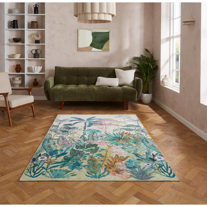 Washable Harlequin Floreana Bleached Coral Modern Floral Botanical Textured Lightweight Printed Recycled Polyester Flatweave Bleached Coral/Teal Green/Aqua Blue/Sunlit Ochre/Dusty Rose/Mint Sage/Ivory Rug