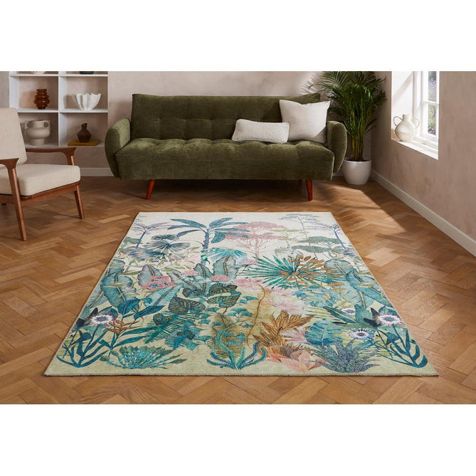 Washable Harlequin Floreana Bleached Coral Modern Floral Botanical Textured Lightweight Printed Recycled Polyester Flatweave Bleached Coral/Teal Green/Aqua Blue/Sunlit Ochre/Dusty Rose/Mint Sage/Ivory Rug
