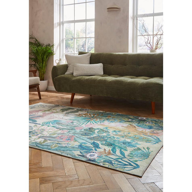 Washable Harlequin Floreana Bleached Coral Modern Floral Botanical Textured Lightweight Printed Recycled Polyester Flatweave Bleached Coral/Teal Green/Aqua Blue/Sunlit Ochre/Dusty Rose/Mint Sage/Ivory Rug
