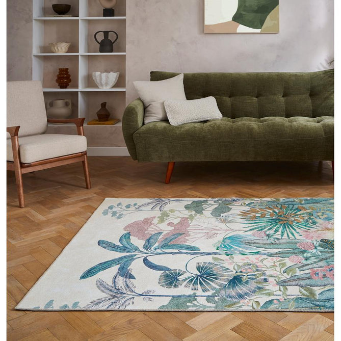 Washable Harlequin Floreana Bleached Coral Modern Floral Botanical Textured Lightweight Printed Recycled Polyester Flatweave Bleached Coral/Teal Green/Aqua Blue/Sunlit Ochre/Dusty Rose/Mint Sage/Ivory Rug