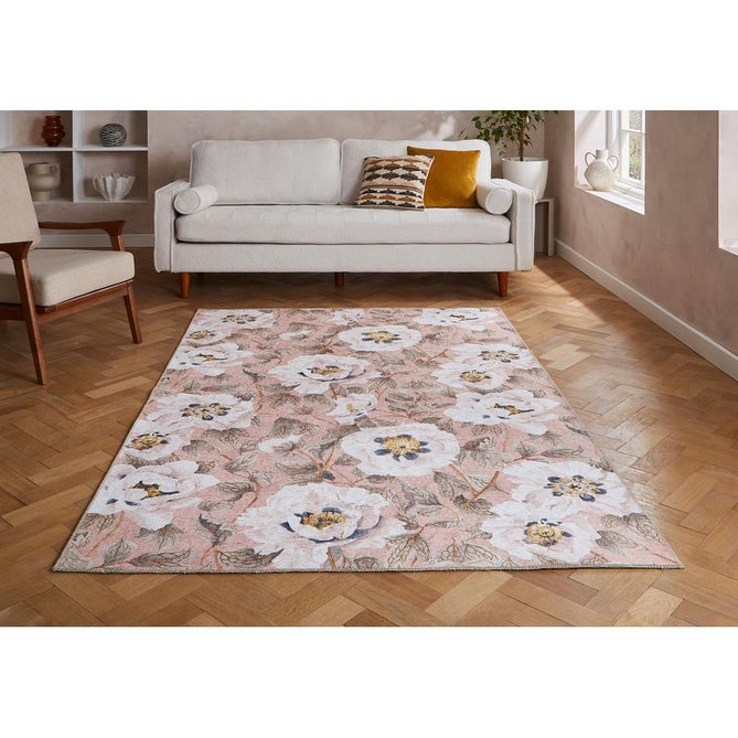 Washable Harlequin Florent Blush Modern Floral Botanical Textured Lightweight Printed Recycled Polyester Flatweave Blush Pink/Ivory/Gold Ochre/Soft Taupe Rug