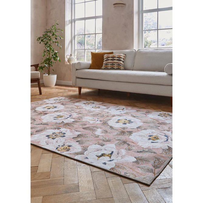 Washable Harlequin Florent Blush Modern Floral Botanical Textured Lightweight Printed Recycled Polyester Flatweave Blush Pink/Ivory/Gold Ochre/Soft Taupe Rug