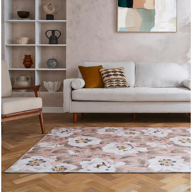 Washable Harlequin Florent Blush Modern Floral Botanical Textured Lightweight Printed Recycled Polyester Flatweave Blush Pink/Ivory/Gold Ochre/Soft Taupe Rug