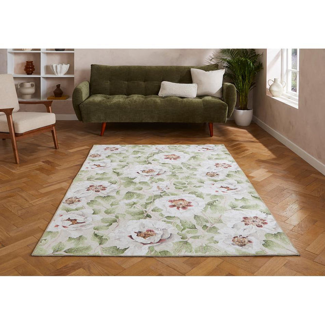Washable Harlequin Florent Fern Modern Floral Botanical Textured Lightweight Printed Recycled Polyester Flatweave Fern Green/Ivory/Pistachio Green/Blush Rug