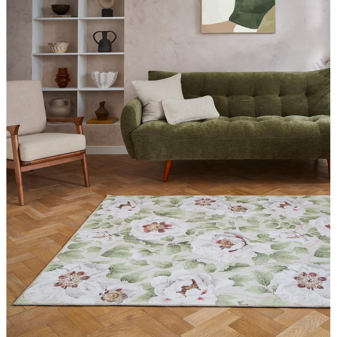 Washable Harlequin Florent Fern Modern Floral Botanical Textured Lightweight Printed Recycled Polyester Flatweave Fern Green/Ivory/Pistachio Green/Blush Rug