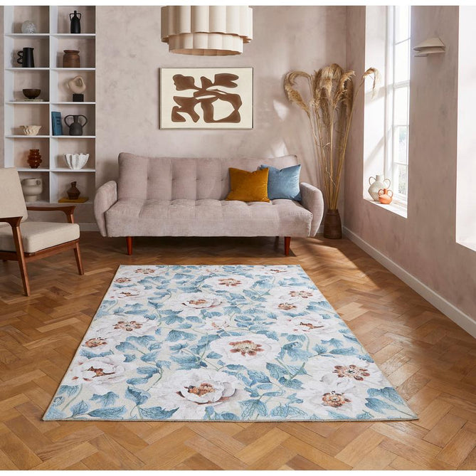 Washable Harlequin Florent Sailcloth Modern Floral Botanical Textured Lightweight Printed Recycled Polyester Flatweave Sailcloth Blue/Ivory/Sky/Warm Ochre Rug