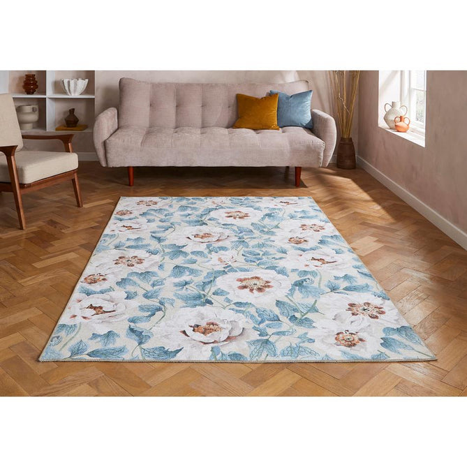 Washable Harlequin Florent Sailcloth Modern Floral Botanical Textured Lightweight Printed Recycled Polyester Flatweave Sailcloth Blue/Ivory/Sky/Warm Ochre Rug