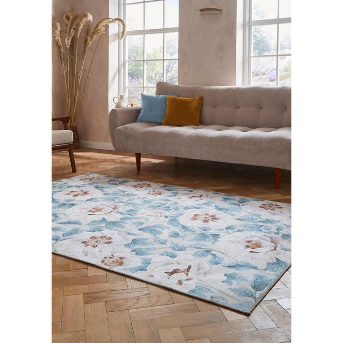 Washable Harlequin Florent Sailcloth Modern Floral Botanical Textured Lightweight Printed Recycled Polyester Flatweave Sailcloth Blue/Ivory/Sky/Warm Ochre Rug