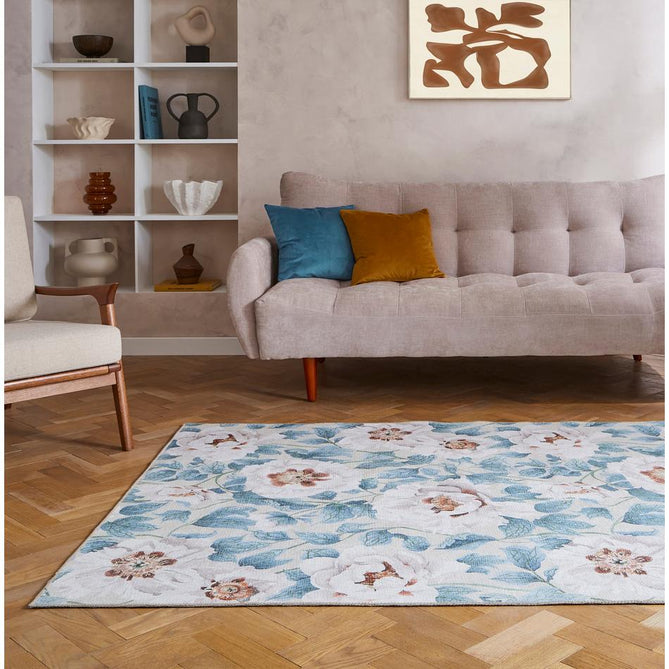 Washable Harlequin Florent Sailcloth Modern Floral Botanical Textured Lightweight Printed Recycled Polyester Flatweave Sailcloth Blue/Ivory/Sky/Warm Ochre Rug
