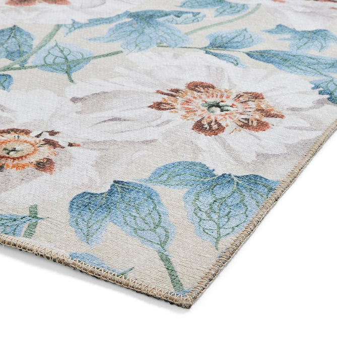 Washable Harlequin Florent Sailcloth Modern Floral Botanical Textured Lightweight Printed Recycled Polyester Flatweave Sailcloth Blue/Ivory/Sky/Warm Ochre Rug