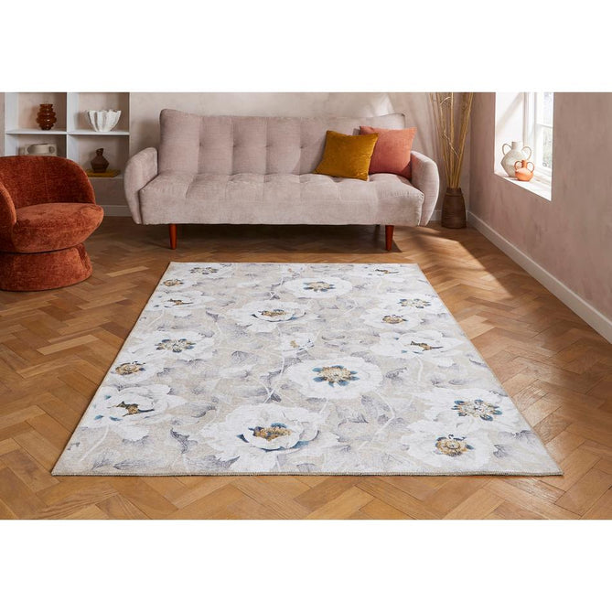 Washable Harlequin Florent Stone Modern Floral Botanical Textured Lightweight Printed Recycled Polyester Flatweave Stone Taupe/Ivory/Steel Blue/Pewter Grey Rug