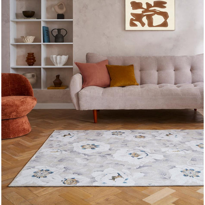 Washable Harlequin Florent Stone Modern Floral Botanical Textured Lightweight Printed Recycled Polyester Flatweave Stone Taupe/Ivory/Steel Blue/Pewter Grey Rug