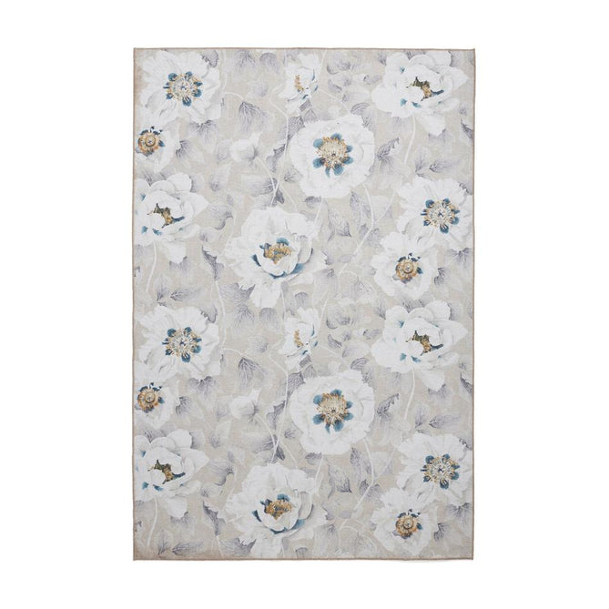 Washable Harlequin Florent Stone Modern Floral Botanical Textured Lightweight Printed Recycled Polyester Flatweave Stone Taupe/Ivory/Steel Blue/Pewter Grey Rug