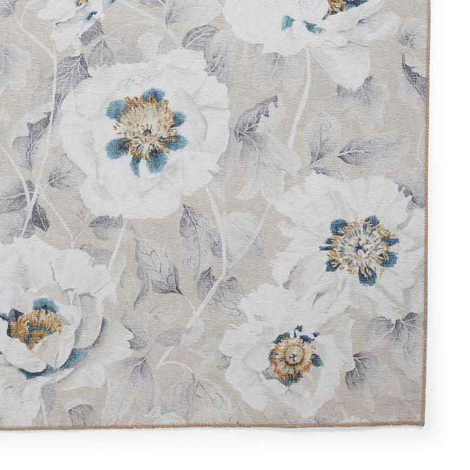 Washable Harlequin Florent Stone Modern Floral Botanical Textured Lightweight Printed Recycled Polyester Flatweave Stone Taupe/Ivory/Steel Blue/Pewter Grey Rug