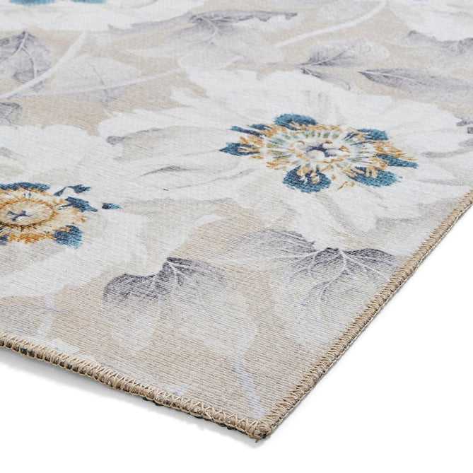 Washable Harlequin Florent Stone Modern Floral Botanical Textured Lightweight Printed Recycled Polyester Flatweave Stone Taupe/Ivory/Steel Blue/Pewter Grey Rug