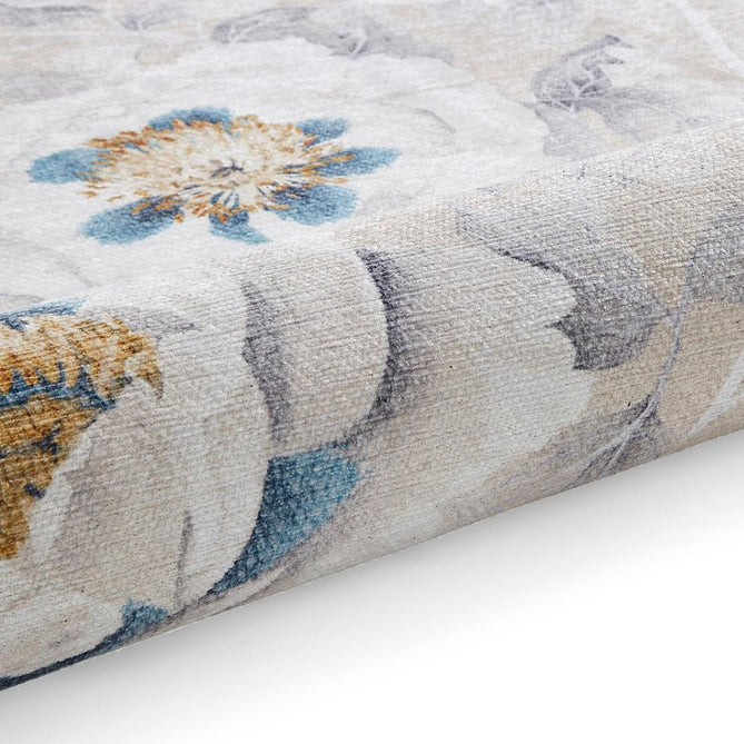 Washable Harlequin Florent Stone Modern Floral Botanical Textured Lightweight Printed Recycled Polyester Flatweave Stone Taupe/Ivory/Steel Blue/Pewter Grey Rug